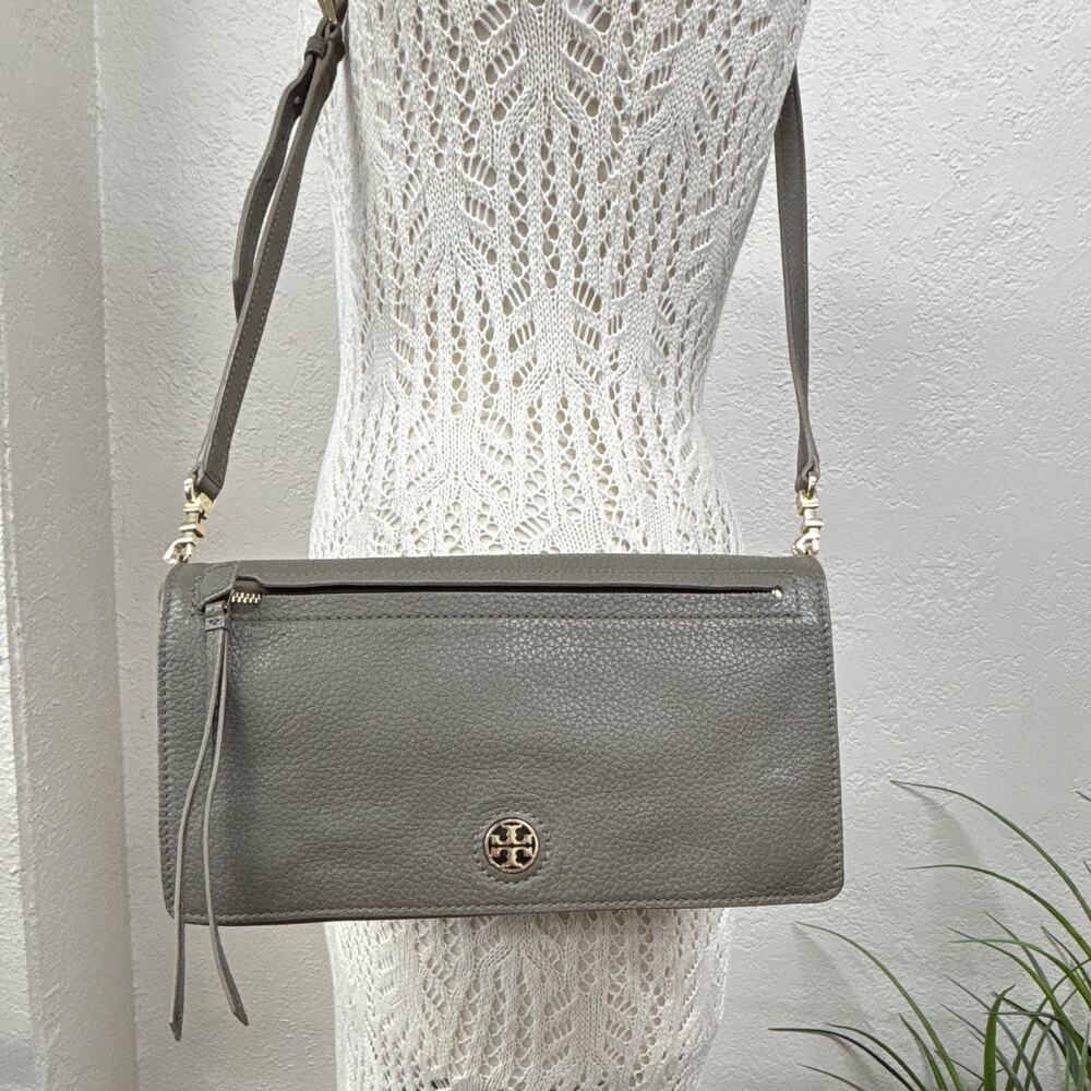 Tory Burch taupe Gray Small Pebbled Logo Crossbody Bag